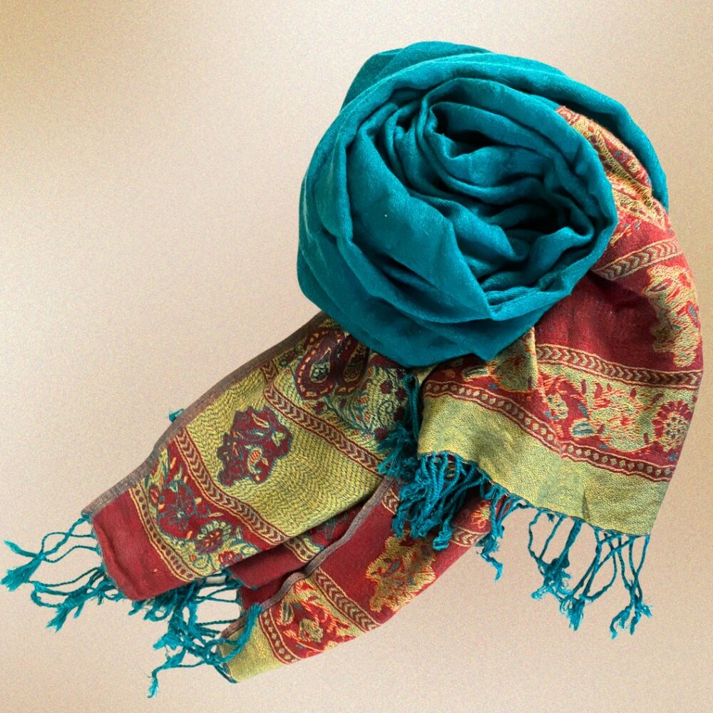 100% Cashmere Teal, Garnet, and Gold Scarf / Wrap